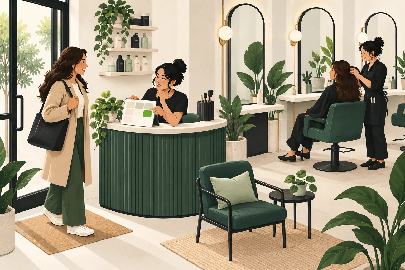 A walk-in client is welcomed while a booked client keeps their reserved time.
