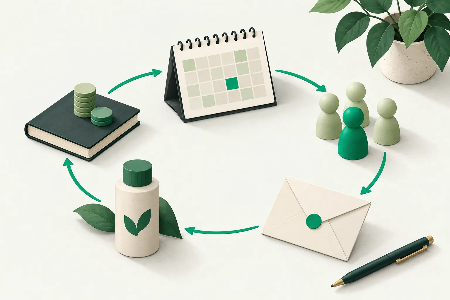 A weekly cycle connects bookings, team capacity, follow-up, supplies and finances.